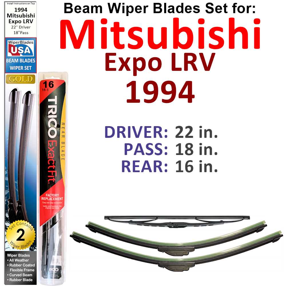 Set of 3 Beam Wiper Blades designed for 1994 Mitsubishi Expo LRV, showcasing their flexible and durable construction.