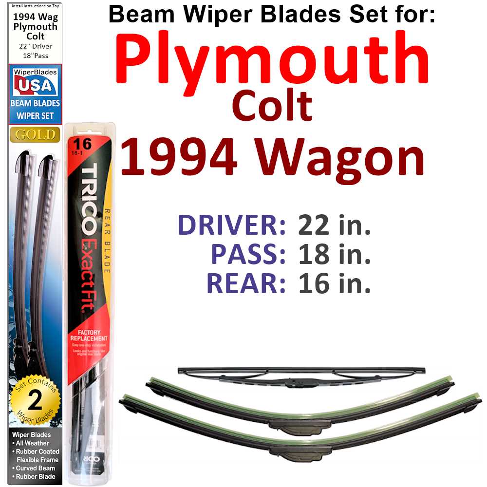 Set of three Beam Wiper Blades designed for 1994 Plymouth Colt Wagon, showcasing their flexible and durable construction.