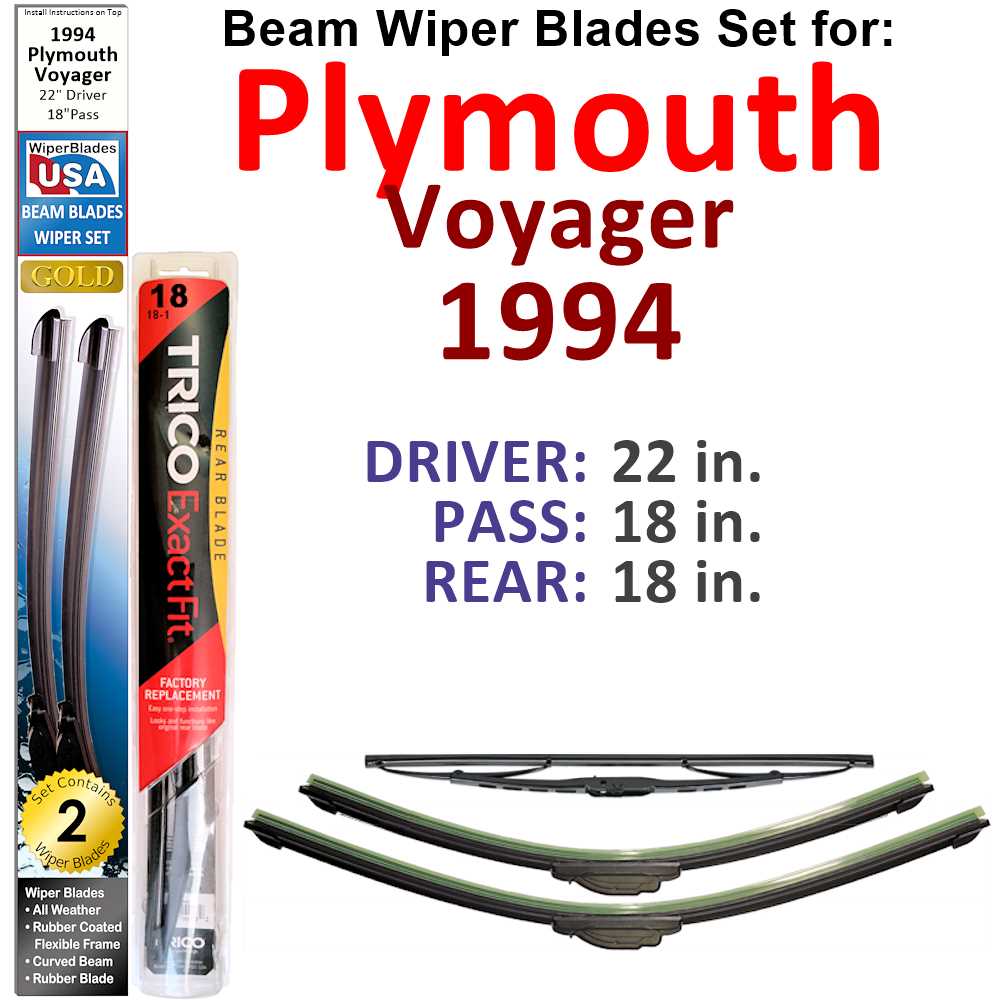 Set of 3 Beam Wiper Blades designed for 1994 Plymouth Voyager, showcasing their flexible and durable construction.