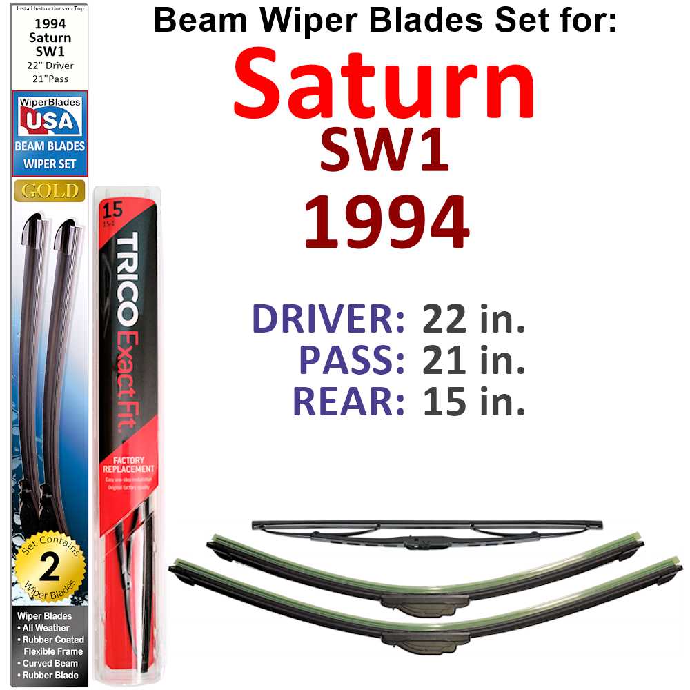 Set of 3 Beam Wiper Blades designed for 1994 Saturn SW1, showcasing their flexible and durable construction.