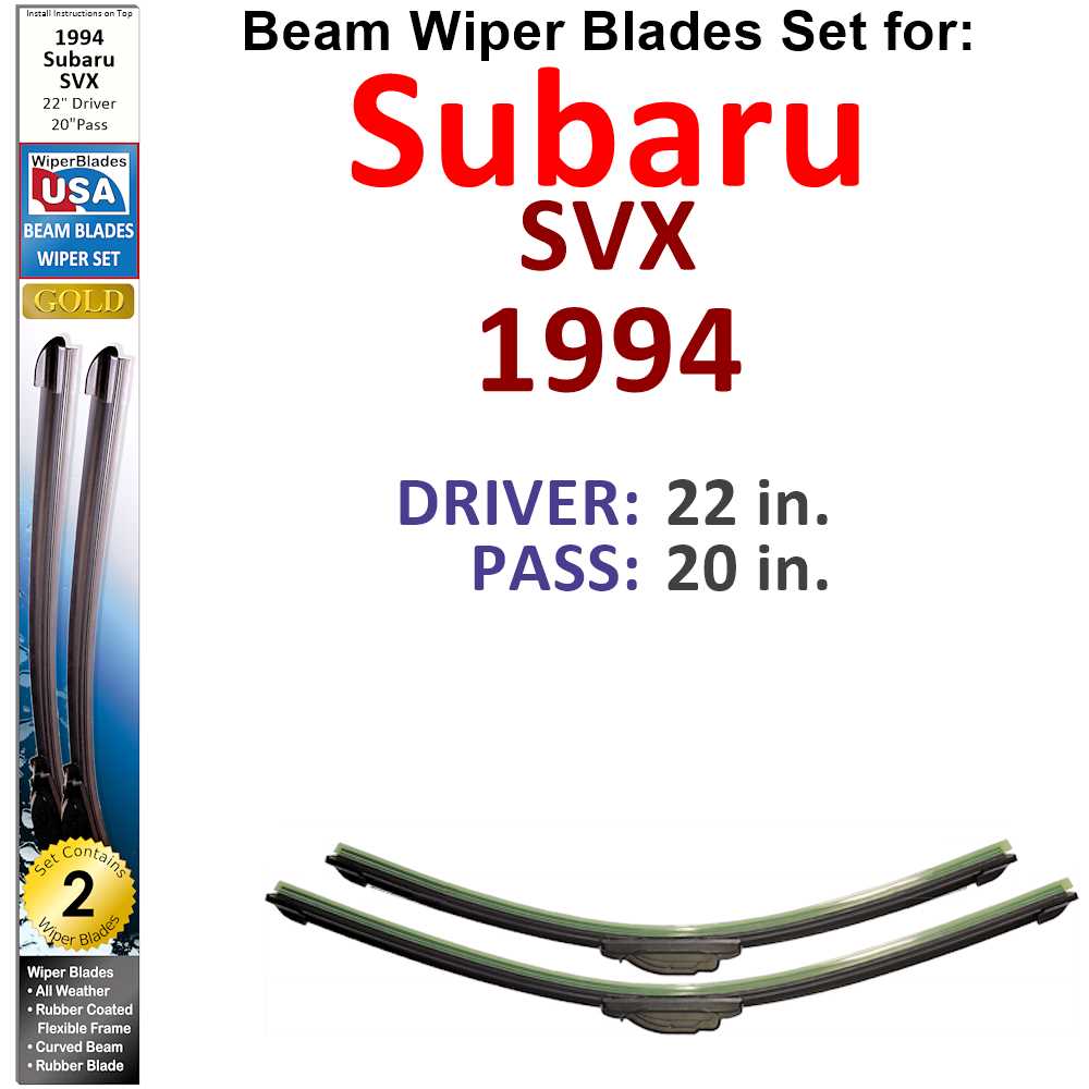 Set of 2 Beam Wiper Blades designed for 1994 Subaru SVX, showcasing their flexible and durable design.