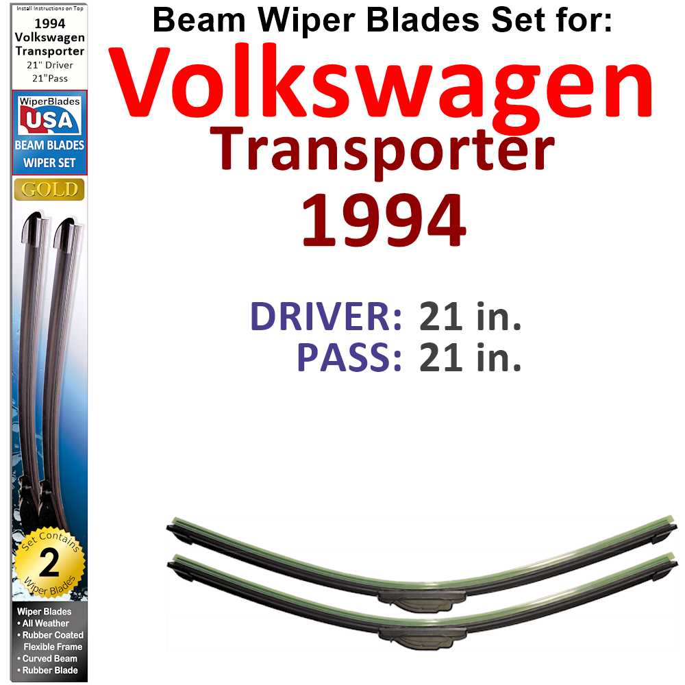 Set of two Beam Wiper Blades designed for 1994 Volkswagen Transporter, showcasing their flexible and durable design.