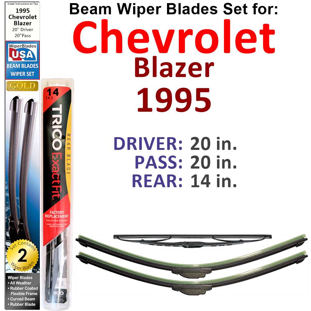 Set of 3 Beam Wiper Blades designed for 1995 Chevrolet Blazer, showcasing their flexible and durable construction.