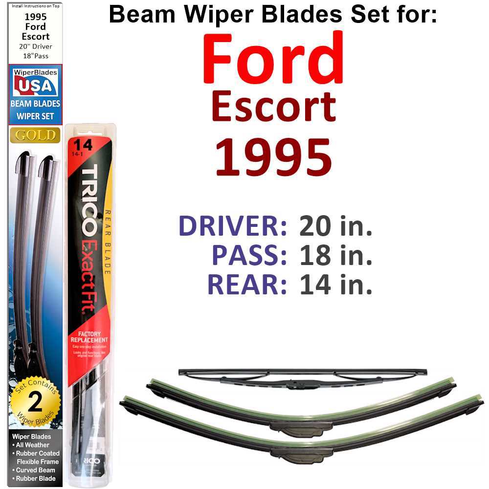 Set of 3 Beam Wiper Blades designed for 1995 Ford Escort, showcasing their flexible and durable construction.