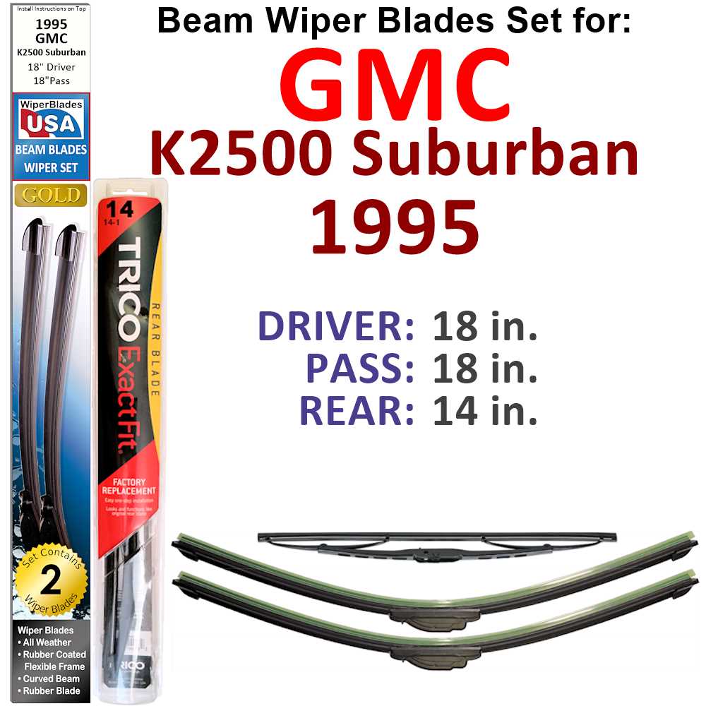 Set of 3 Beam Wiper Blades designed for 1995 GMC K2500 Suburban, showcasing their flexible and durable construction.