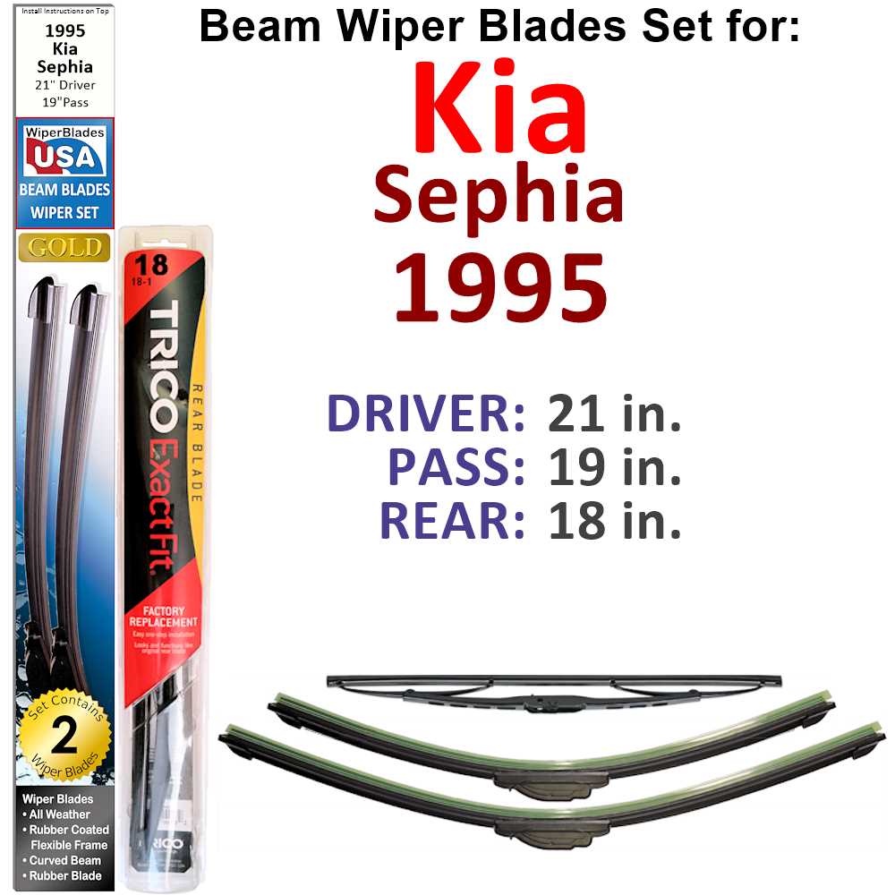 Set of 3 Beam Wiper Blades for 1995 Kia Sephia, showcasing their flexible design and durable rubber construction.