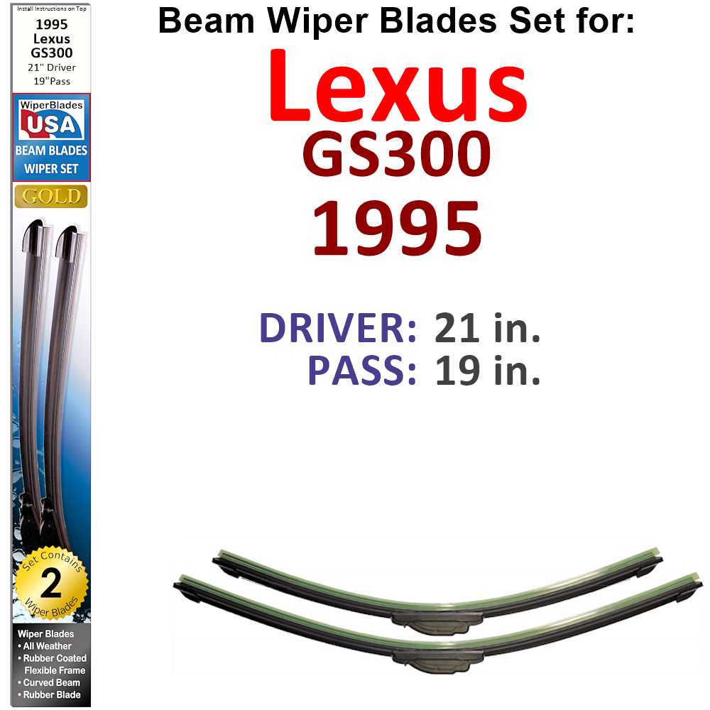 Set of 2 Beam Wiper Blades designed for 1995 Lexus GS300, showcasing their flexible and durable construction.