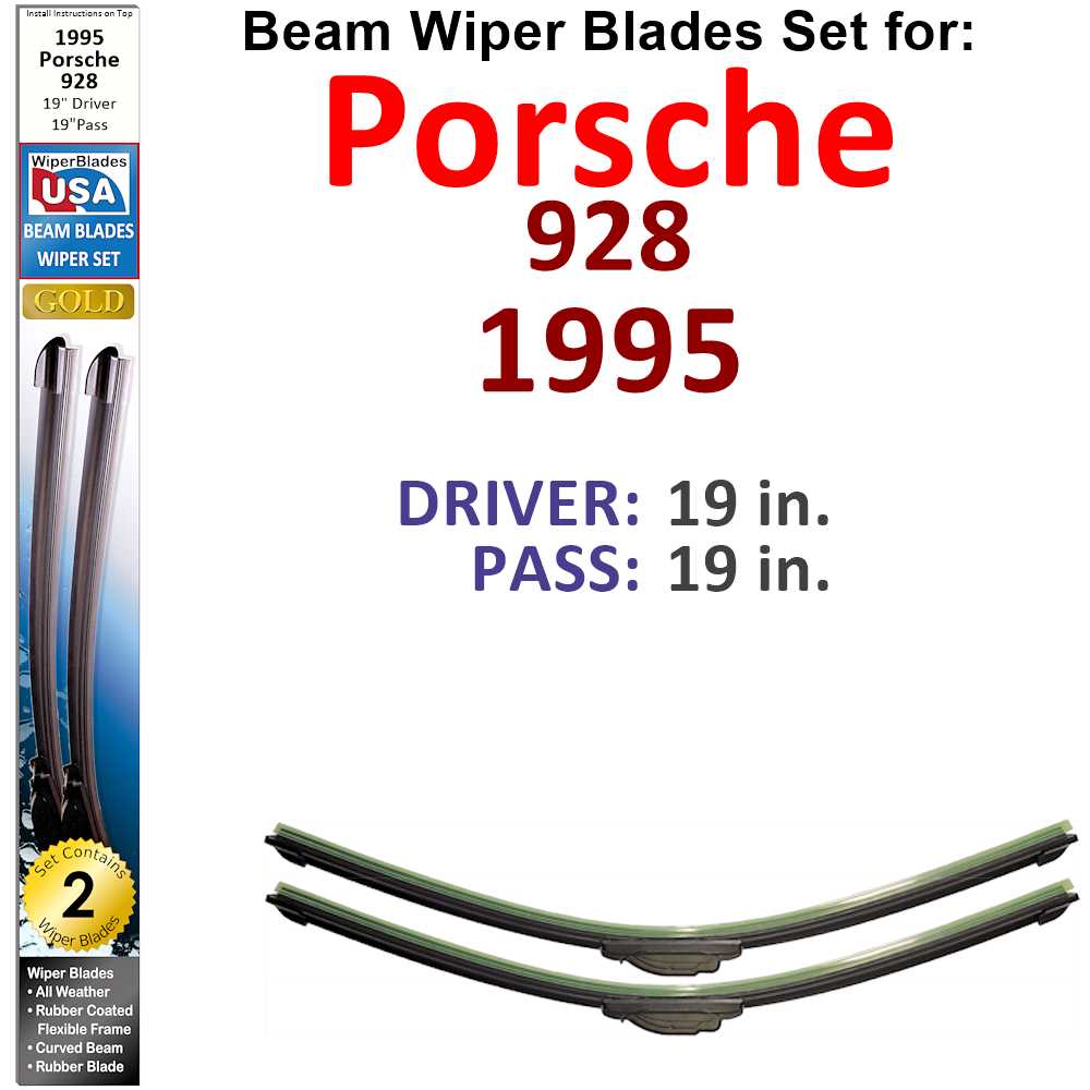 Set of two Beam Wiper Blades designed for 1995 Porsche 928, showcasing their sleek design and rubber-encased metal spine.