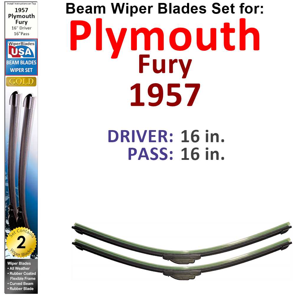 Set of two Beam Wiper Blades designed for 1957 Plymouth Fury, showcasing their sleek low-profile design and durable construction.