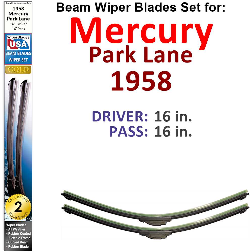 Set of two Beam Wiper Blades designed for 1958 Mercury Park Lane, showcasing their flexible and durable construction.