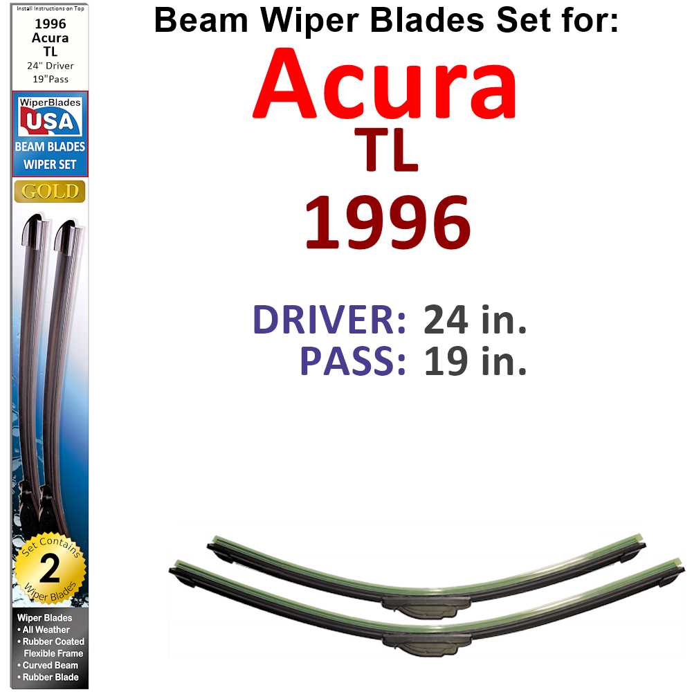 Set of two Beam Wiper Blades designed for 1996 Acura TL, showcasing their flexible and sealed design for optimal windshield contact.