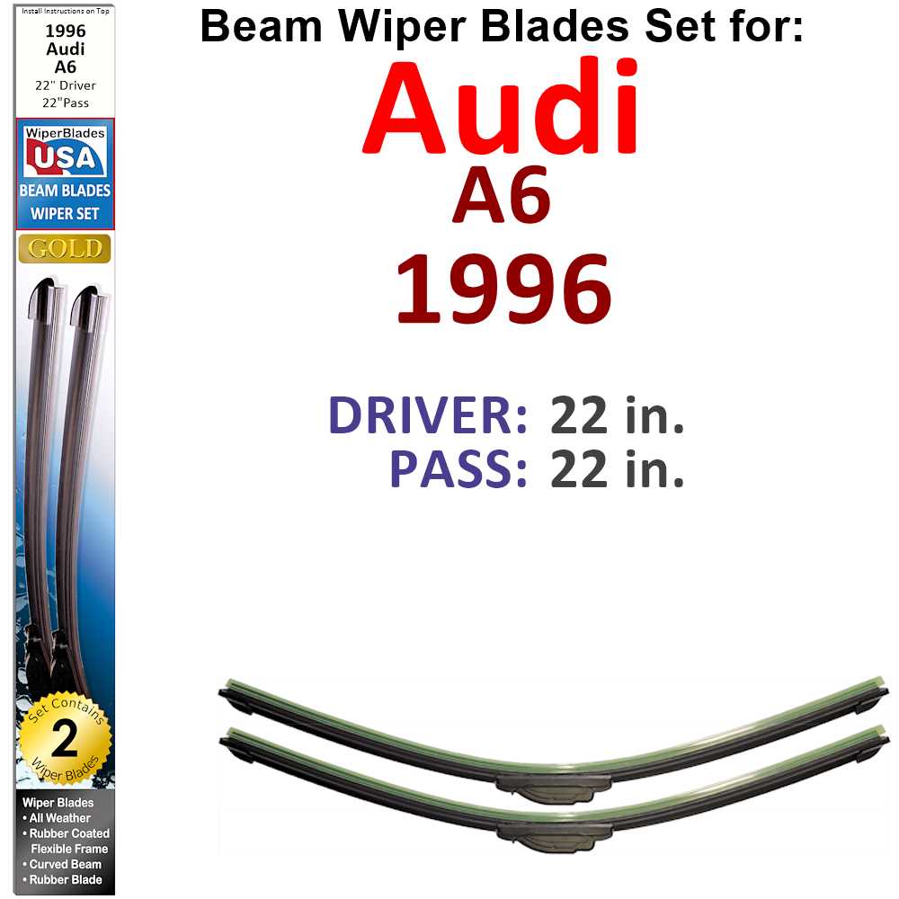 Set of 2 Beam Wiper Blades designed for 1996 Audi A6, showcasing their flexible and durable construction.