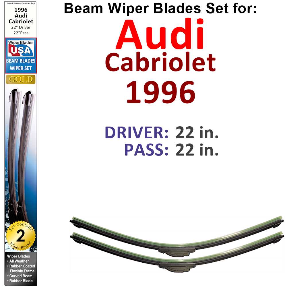 Set of two Beam Wiper Blades designed for 1996 Audi Cabriolet, showcasing their flexible and durable construction.