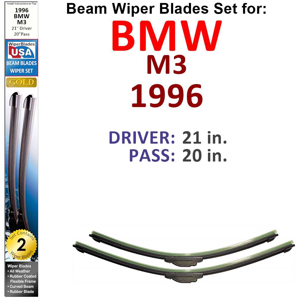 Set of two Beam Wiper Blades designed for 1996 BMW M3, showcasing their flexible and durable construction.