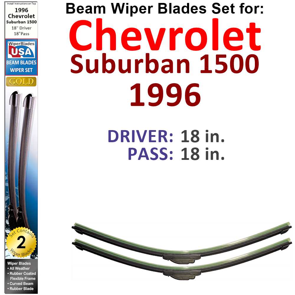 Set of 2 Beam Wiper Blades designed for 1996 Chevrolet Suburban 1500, showcasing their flexible and durable construction.