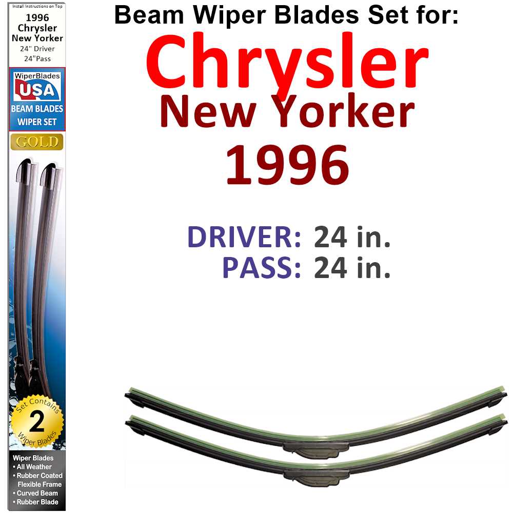 Set of 2 Beam Wiper Blades designed for 1996 Chrysler New Yorker, showcasing their flexible and durable construction.