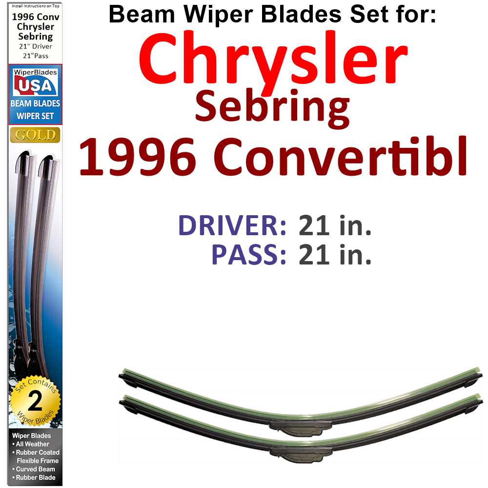 Set of two Beam Wiper Blades designed for 1996 Chrysler Sebring Convertible, showcasing their flexible and durable construction.