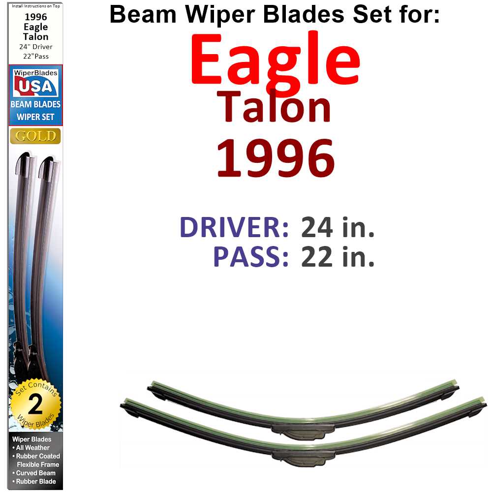 Set of 2 Beam Wiper Blades designed for 1996 Eagle Talon, showcasing their flexible and durable construction.