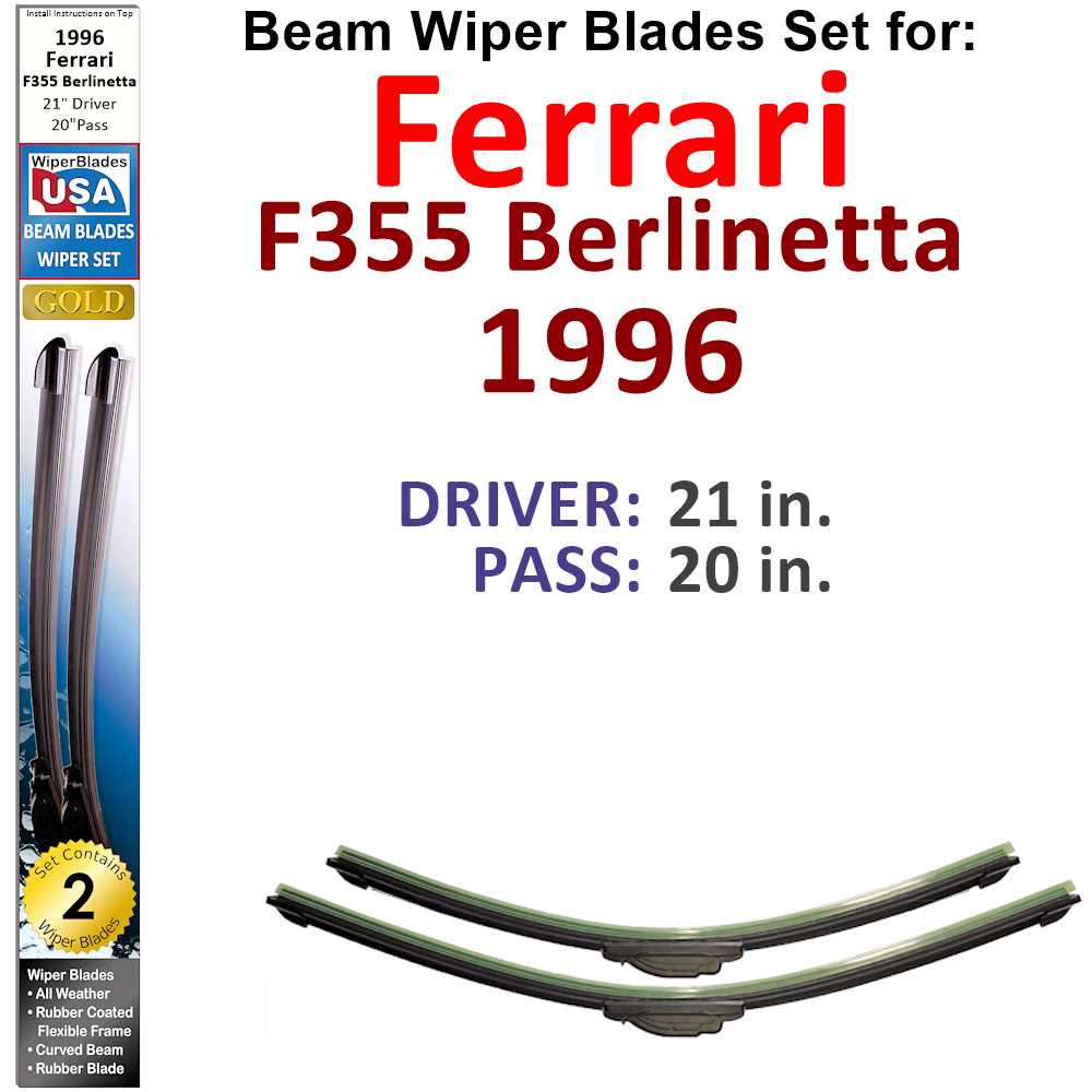 Set of two Beam Wiper Blades designed for 1996 Ferrari F355 Berlinetta, showcasing their sleek design and durable construction.