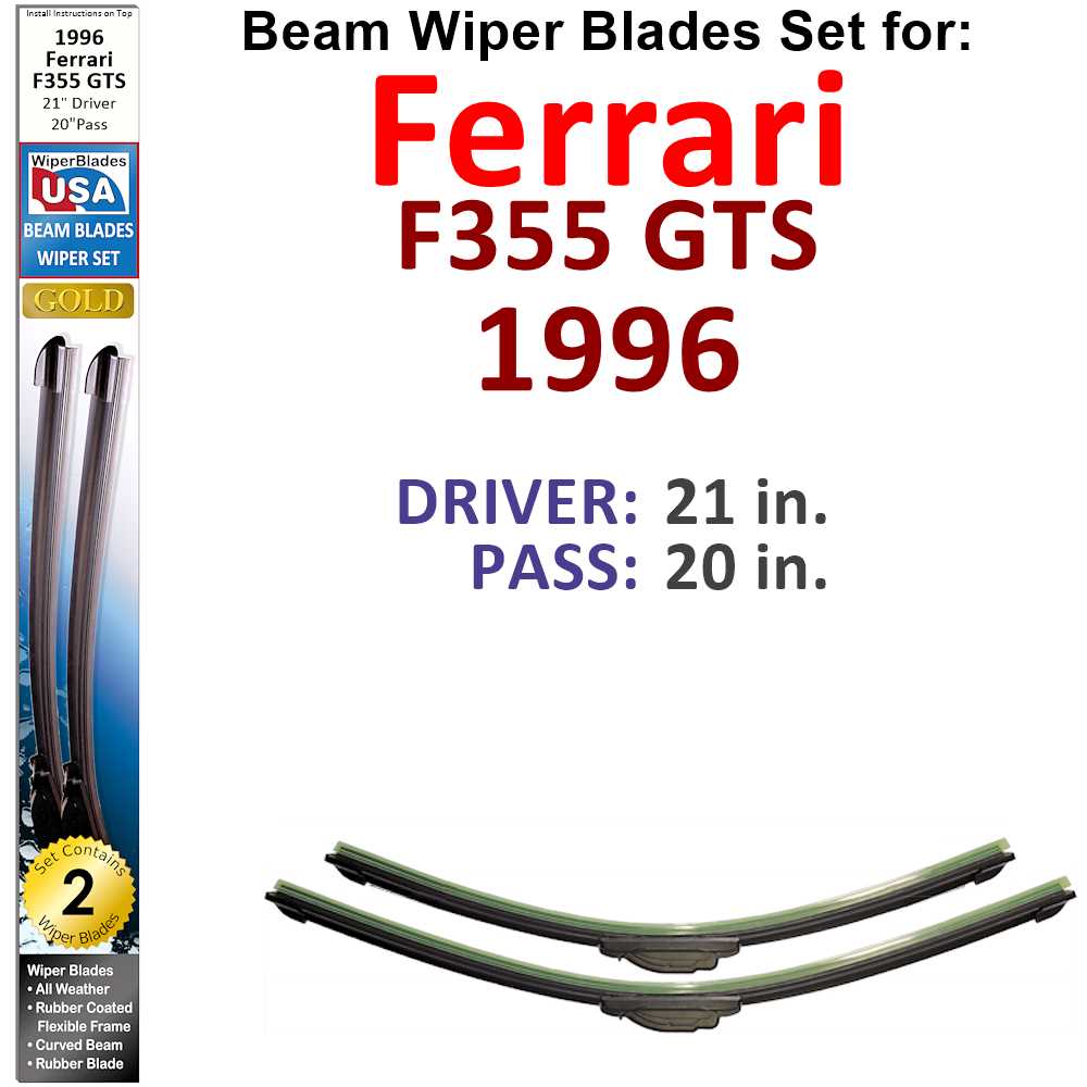 Set of two Beam Wiper Blades designed for 1996 Ferrari F355 GTS, showcasing their sleek design and durable construction.