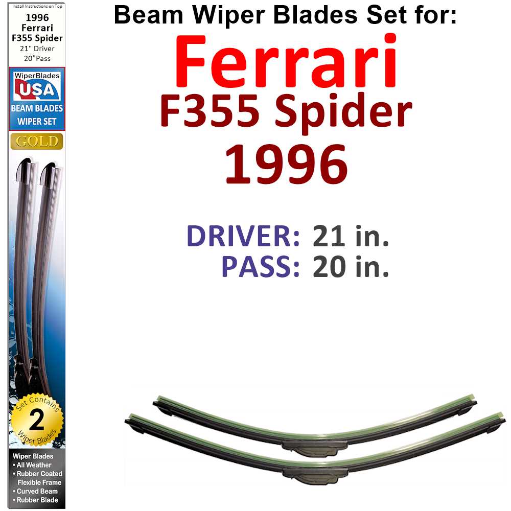 Set of 2 Beam Wiper Blades designed for 1996 Ferrari F355 Spider, showcasing their sleek design and durable construction.