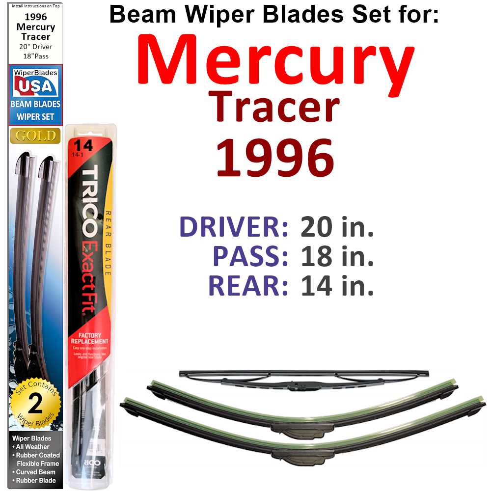 Set of 3 Beam Wiper Blades designed for 1996 Mercury Tracer, showcasing their flexible and durable construction.