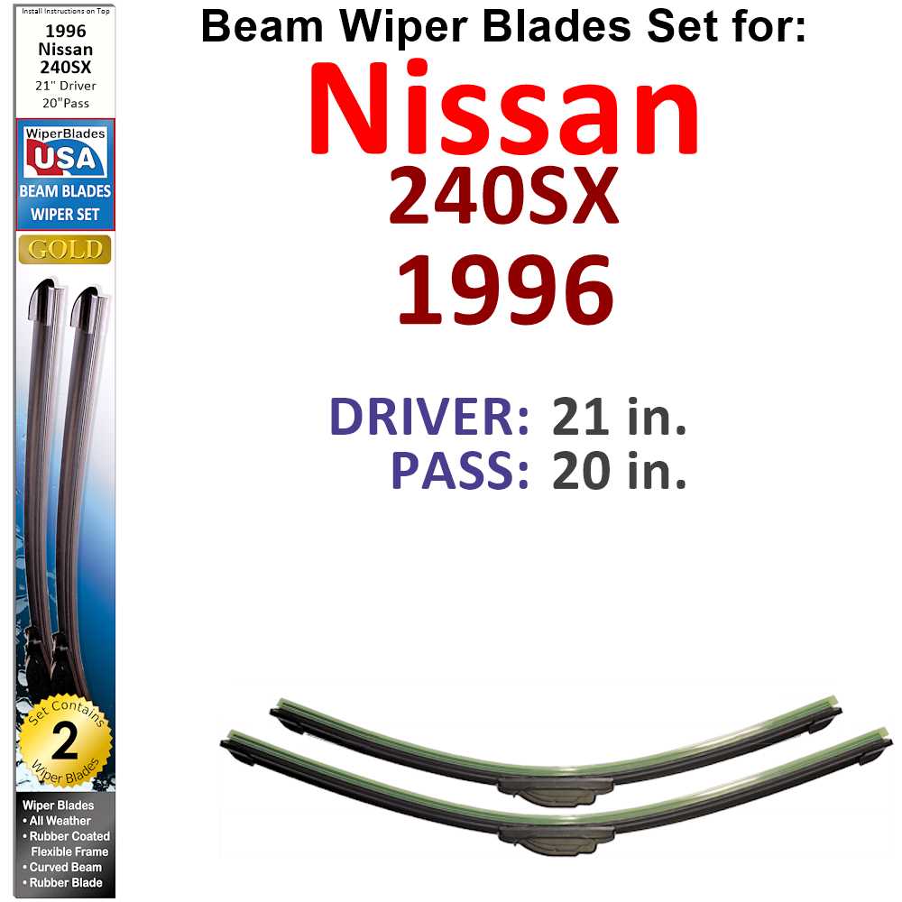 Set of two Beam Wiper Blades designed for 1996 Nissan 240SX, showcasing their flexible and sealed construction for optimal performance.