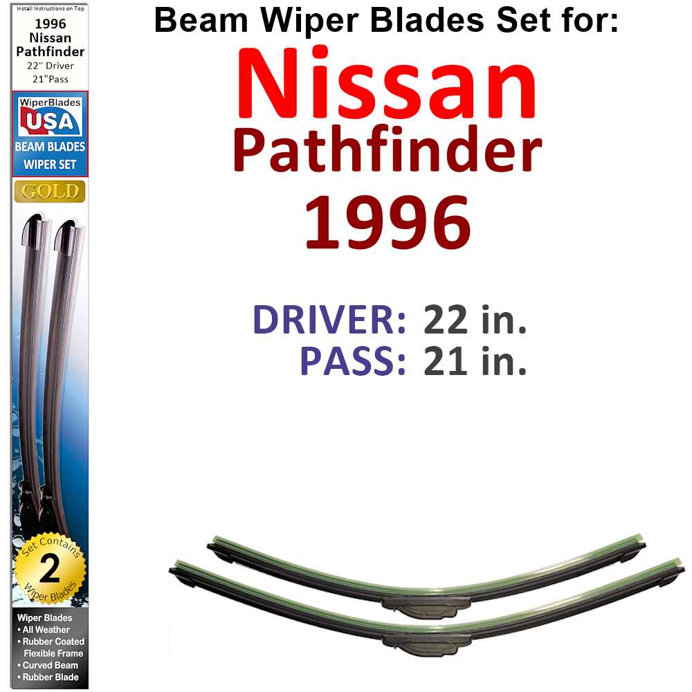 Set of 2 Beam Wiper Blades designed for 1996 Nissan Pathfinder, showcasing their flexible and durable construction.