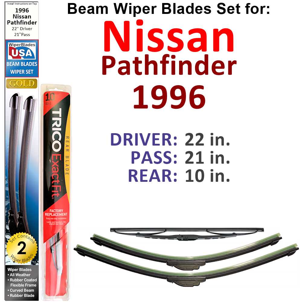 Set of 3 Beam Wiper Blades designed for 1996 Nissan Pathfinder, showcasing their flexible and durable construction.