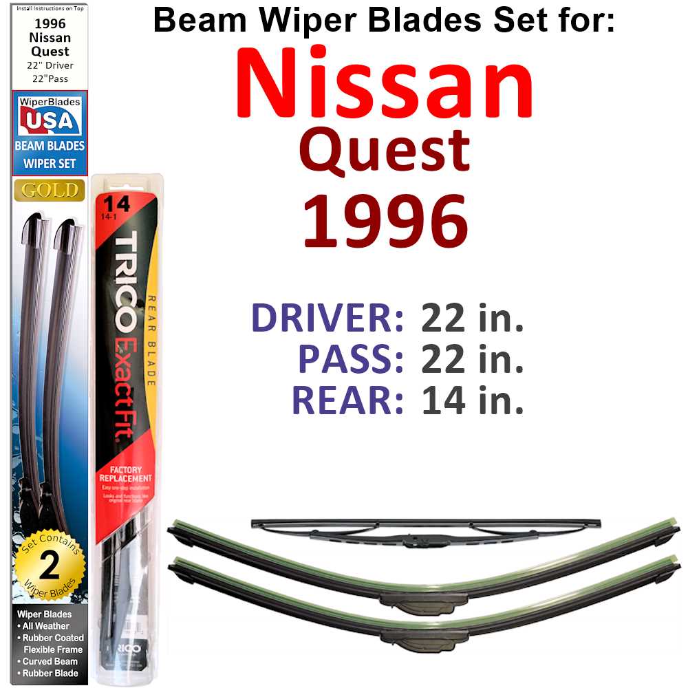 Set of 3 Beam Wiper Blades designed for 1996 Nissan Quest, showcasing their flexible beam design and all-weather capabilities.