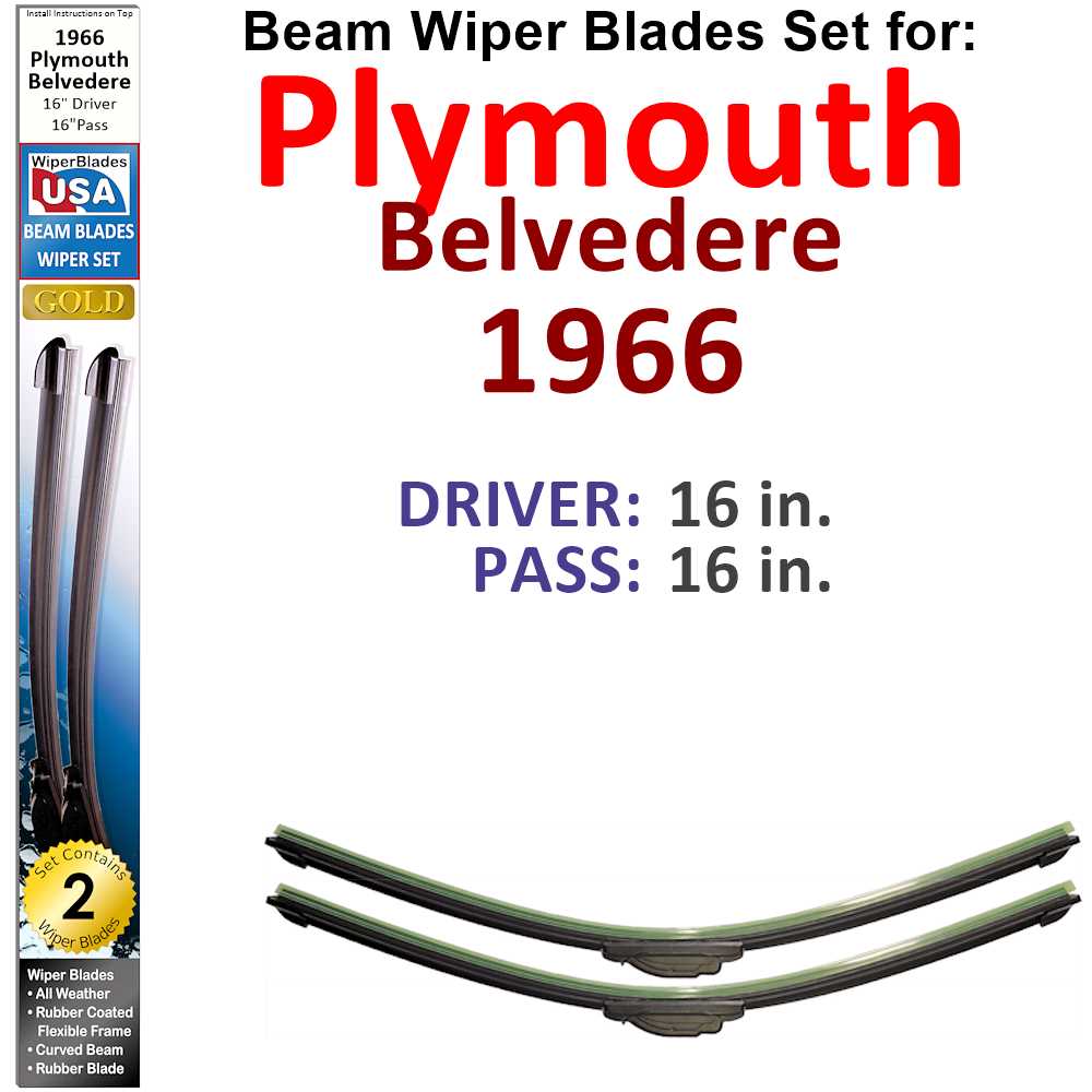 Set of two Beam Wiper Blades designed for 1966 Plymouth Belvedere, showcasing their flexible and durable construction.