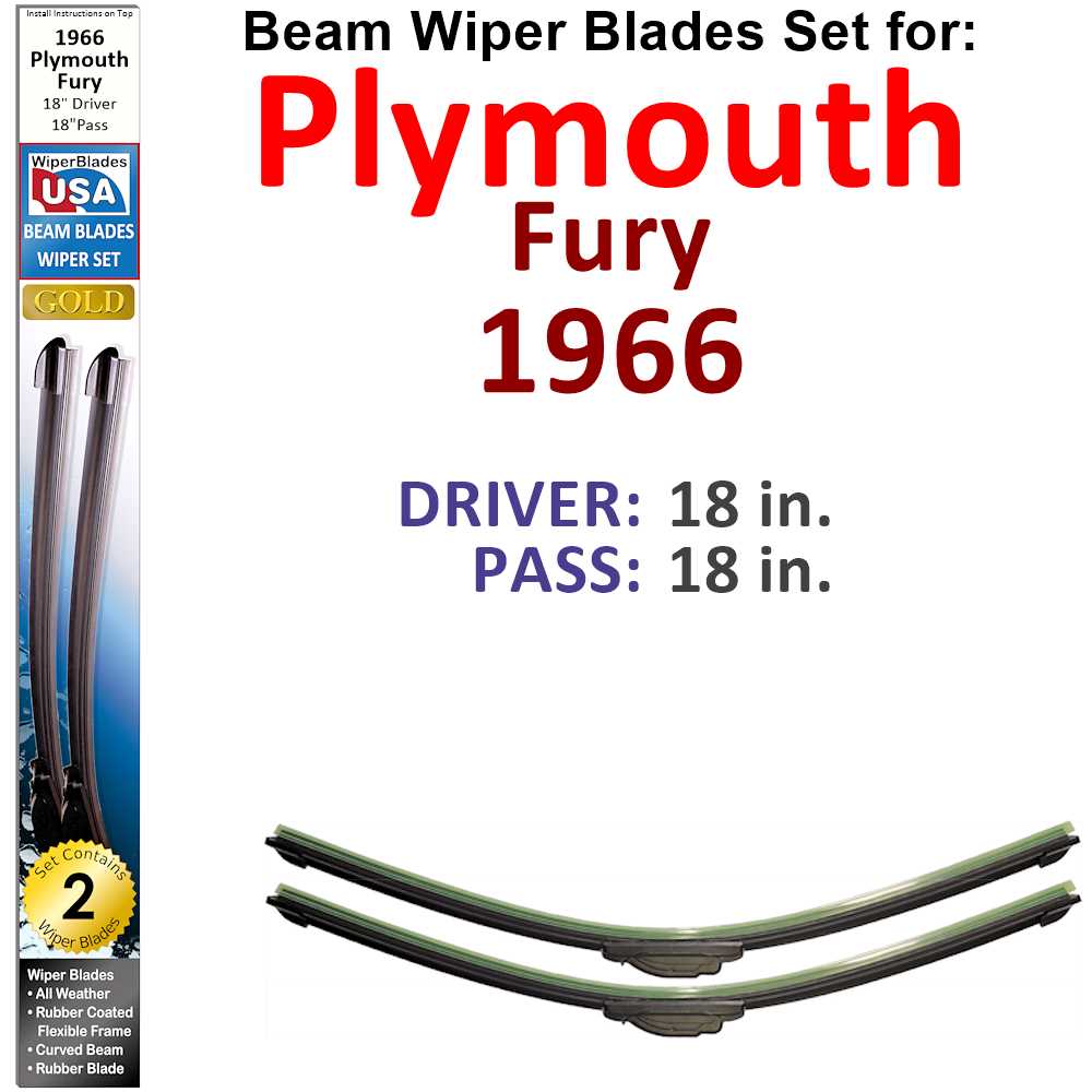 Set of two Beam Wiper Blades for 1966 Plymouth Fury, showcasing their sleek design and durable construction.