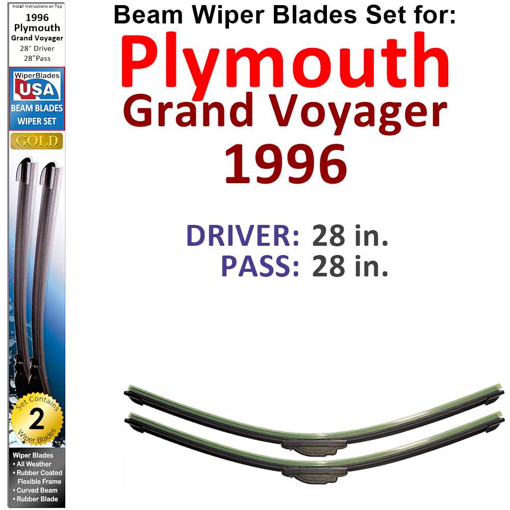 Set of 2 Beam Wiper Blades designed for 1996 Plymouth Grand Voyager, showcasing their flexible and durable construction.