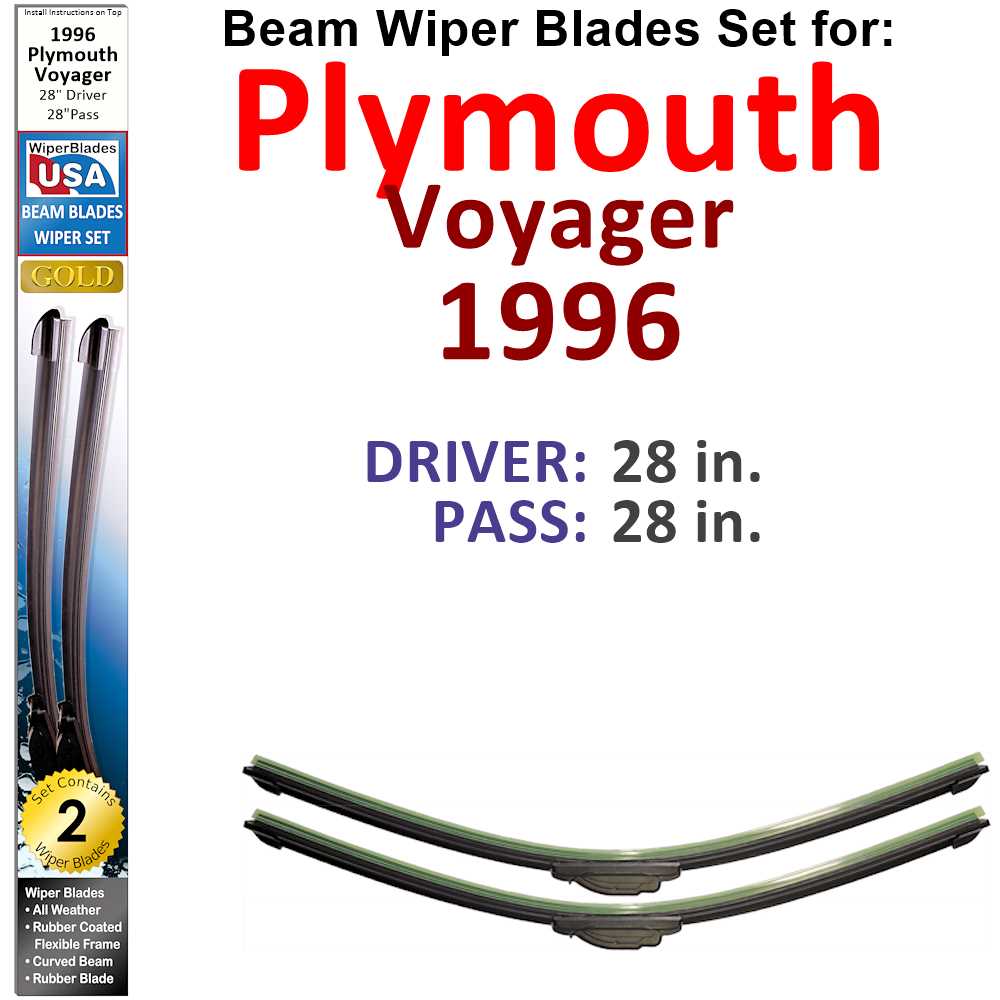 Set of 2 Beam Wiper Blades designed for 1996 Plymouth Voyager, showcasing their flexible and durable construction.