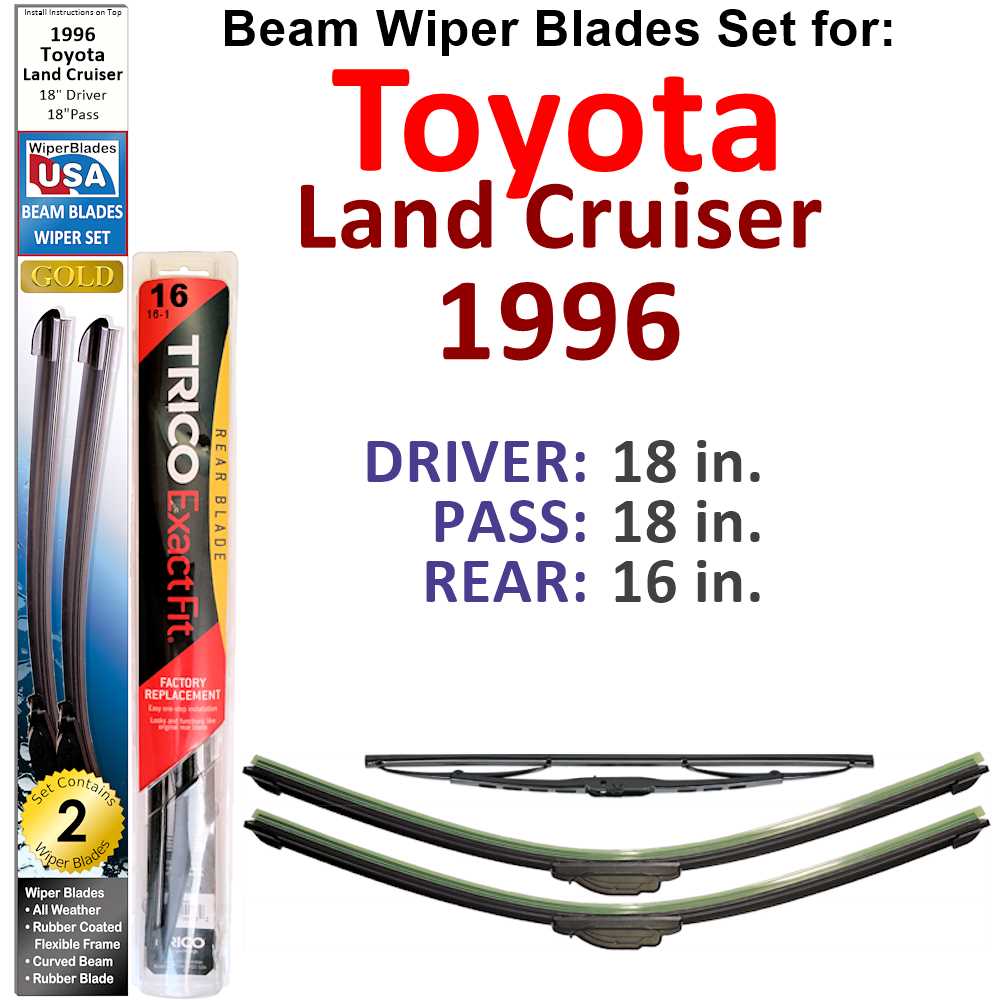 Set of 3 Beam Wiper Blades designed for 1996 Toyota Land Cruiser, showcasing their flexible and low-profile design.