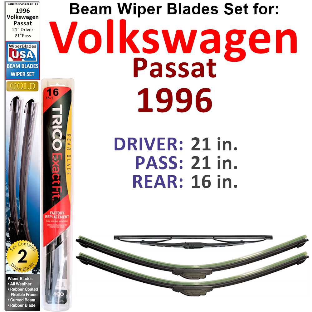 Set of 3 Beam Wiper Blades designed for 1996 Volkswagen Passat, showcasing their flexible and durable construction.