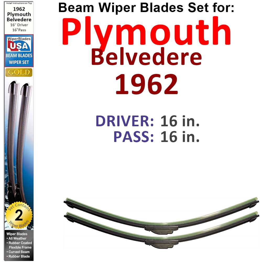 Set of two Beam Wiper Blades designed for 1962 Plymouth Belvedere, showcasing their sleek low-profile design and durable rubber construction.