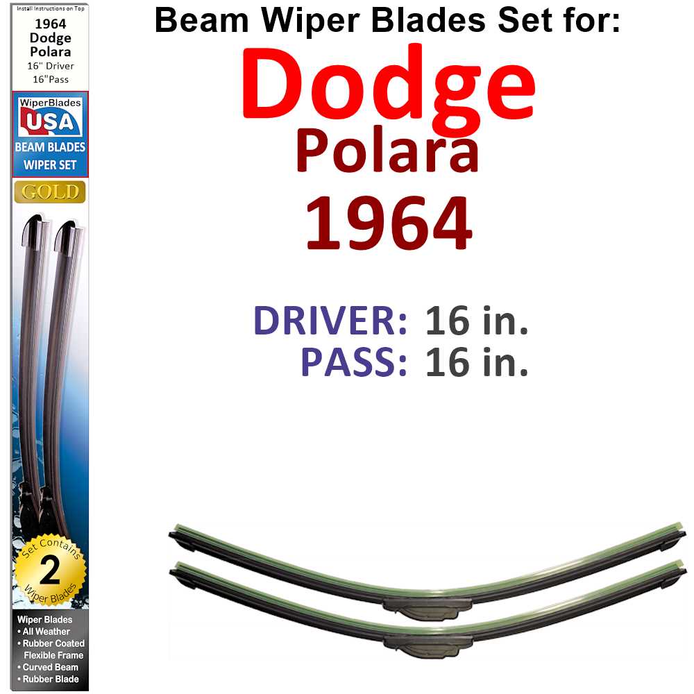 Set of two Beam Wiper Blades designed for 1964 Dodge Polara, showcasing their sleek, low-profile design and durable rubber construction.