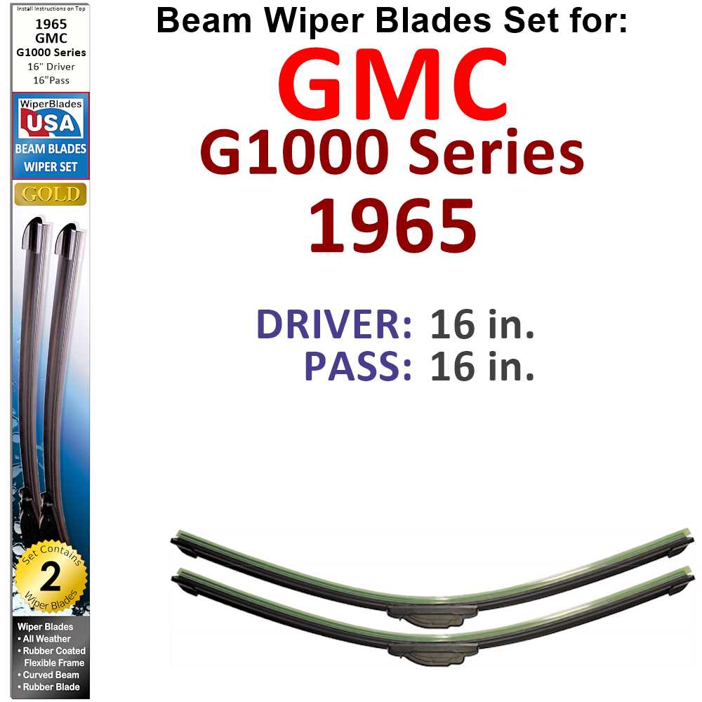 Set of two Beam Wiper Blades designed for 1965 GMC G1000 Series, showcasing their sleek design and rubber-encased spine for durability.