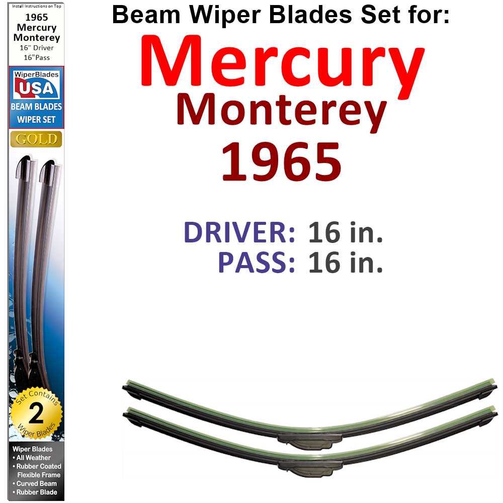 Set of 2 Beam Wiper Blades designed for 1965 Mercury Monterey, showcasing their flexible and durable construction.