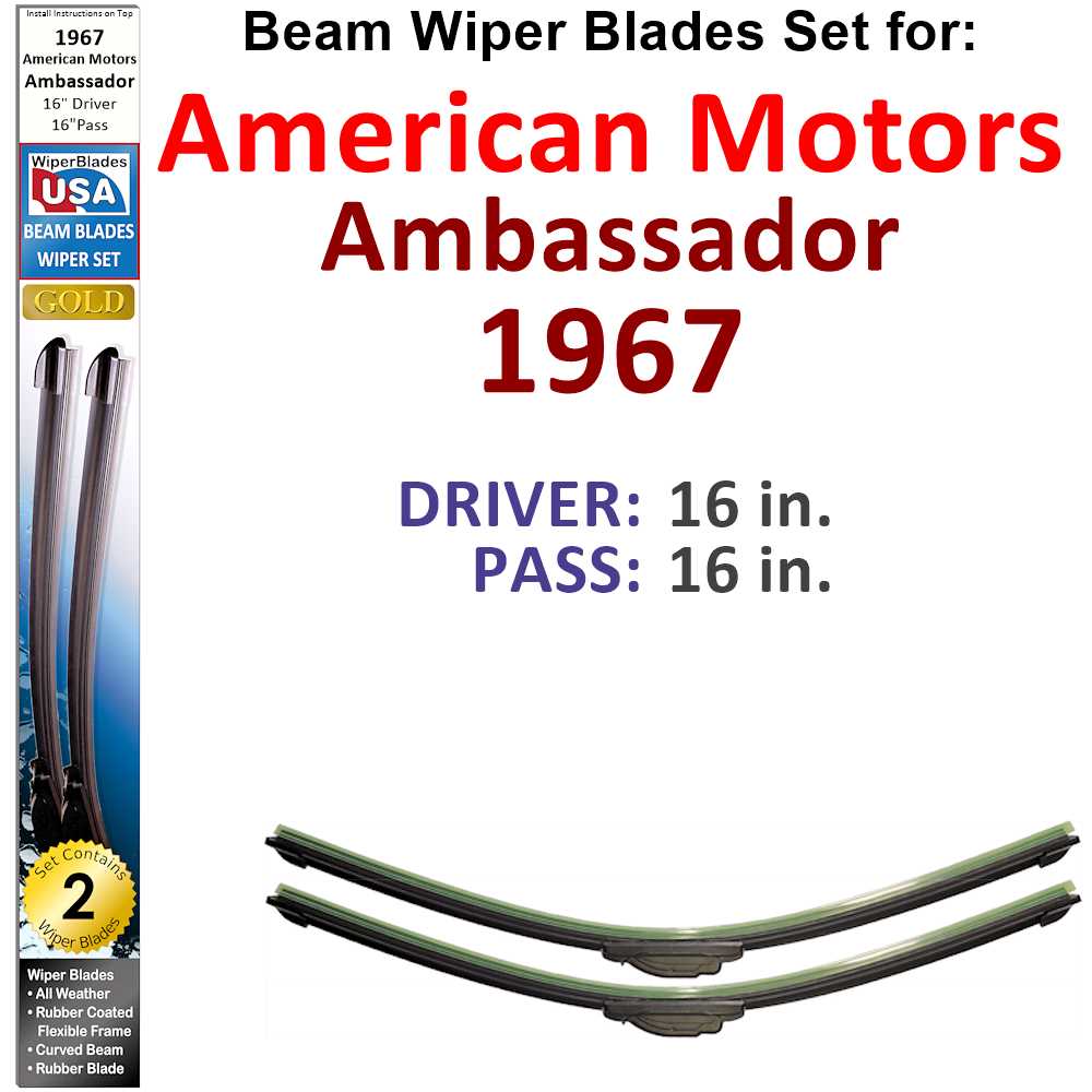 Set of two Beam Wiper Blades designed for 1967 American Motors Ambassador, showcasing their flexible and durable construction.