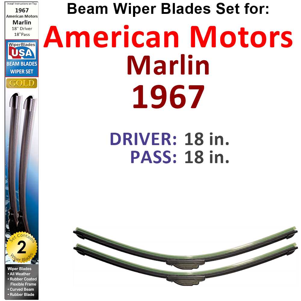 Set of two Beam Wiper Blades designed for 1967 American Motors Marlin, showcasing their sleek low-profile design and rubber-encased metal spine.