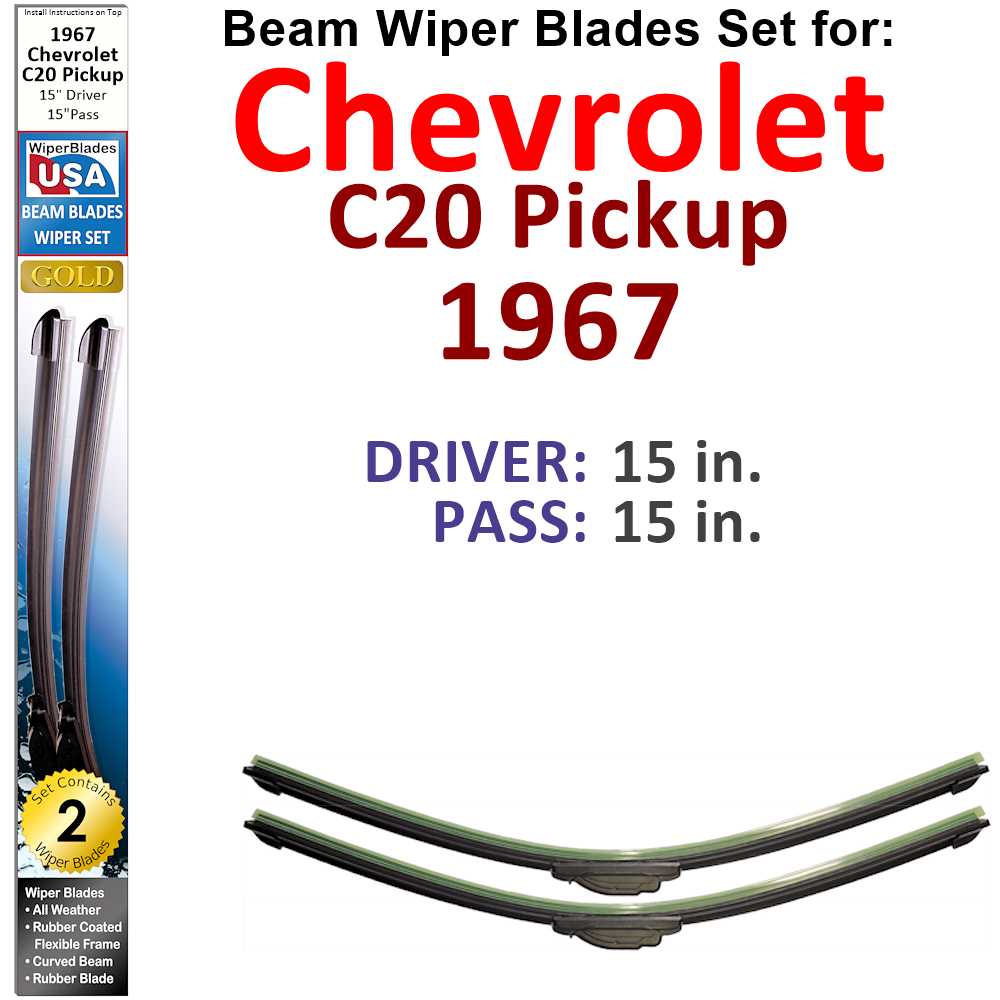 Set of 2 Beam Wiper Blades designed for 1967 Chevrolet C20 Pickup, showcasing their flexible and durable construction.