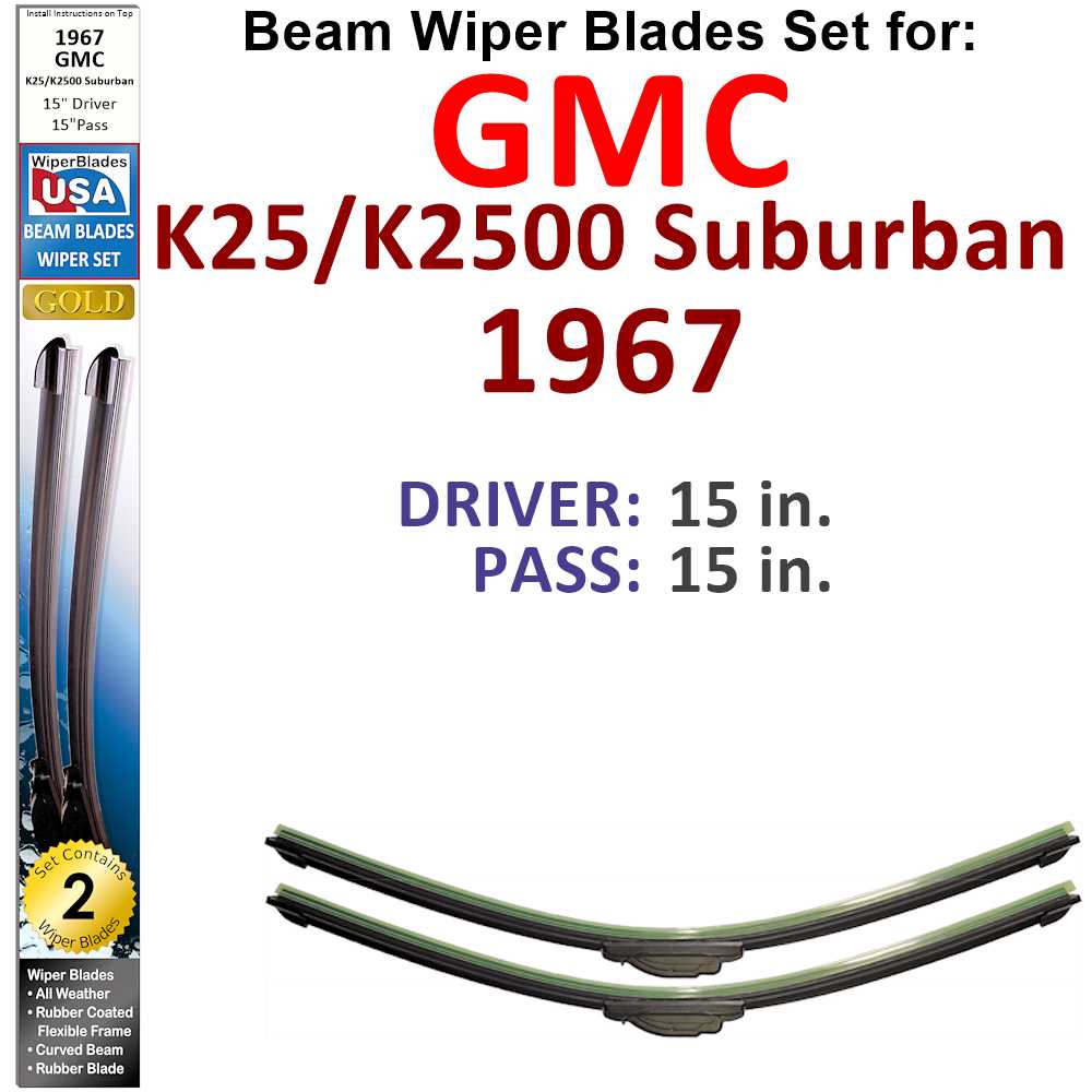 Set of two Beam Wiper Blades designed for 1967 GMC K25/K2500 Suburban, showcasing their flexible and durable construction.