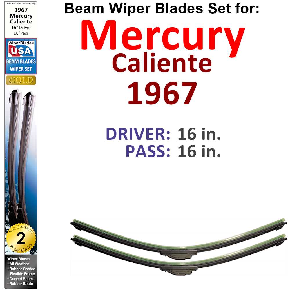 Set of two Beam Wiper Blades designed for 1967 Mercury Caliente, showcasing their flexible and sealed construction.