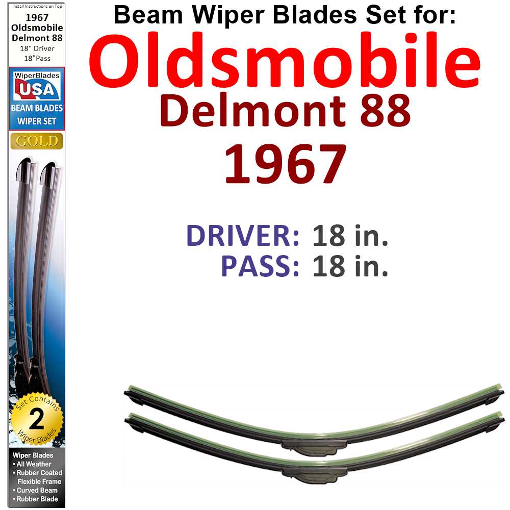 Set of 2 Beam Wiper Blades designed for 1967 Oldsmobile Delmont 88, showcasing their sleek design and rubber-encased metal spine.