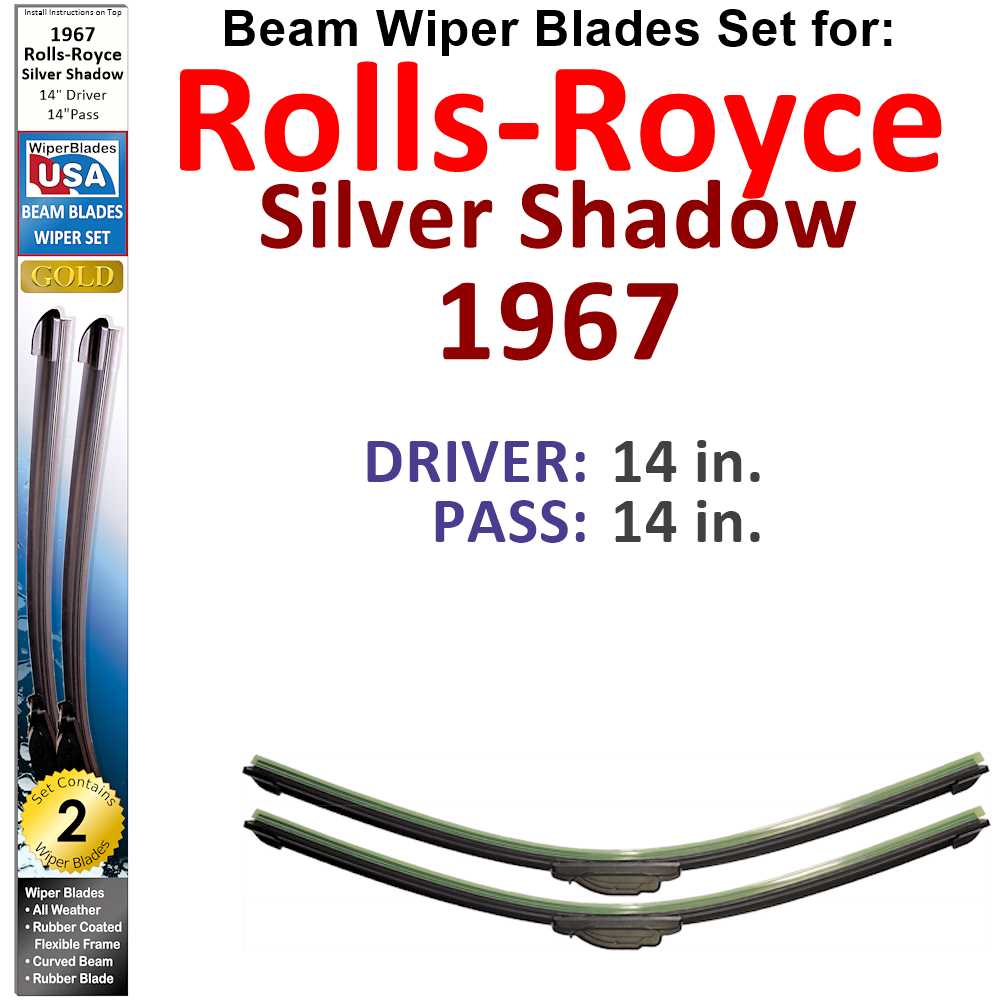 Set of two Beam Wiper Blades designed for 1967 Rolls-Royce Silver Shadow, showcasing their sleek, low-profile design and rubber-encased metal spine.