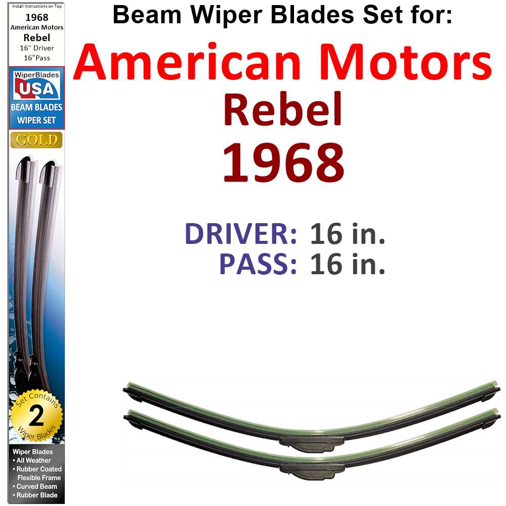 Set of two Beam Wiper Blades designed for 1968 American Motors Rebel, showcasing their flexible and durable construction.