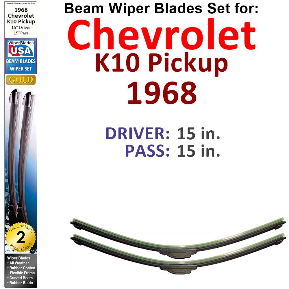 Set of two Beam Wiper Blades designed for 1968 Chevrolet K10 Pickup, showcasing their flexible and durable construction.