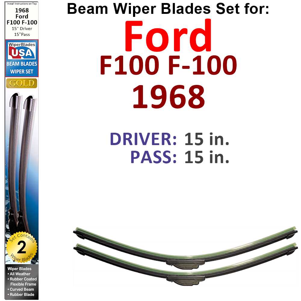 Set of 2 Beam Wiper Blades designed for 1968 Ford F100 F-100, showcasing their flexible design and rubber-encased metal spine.